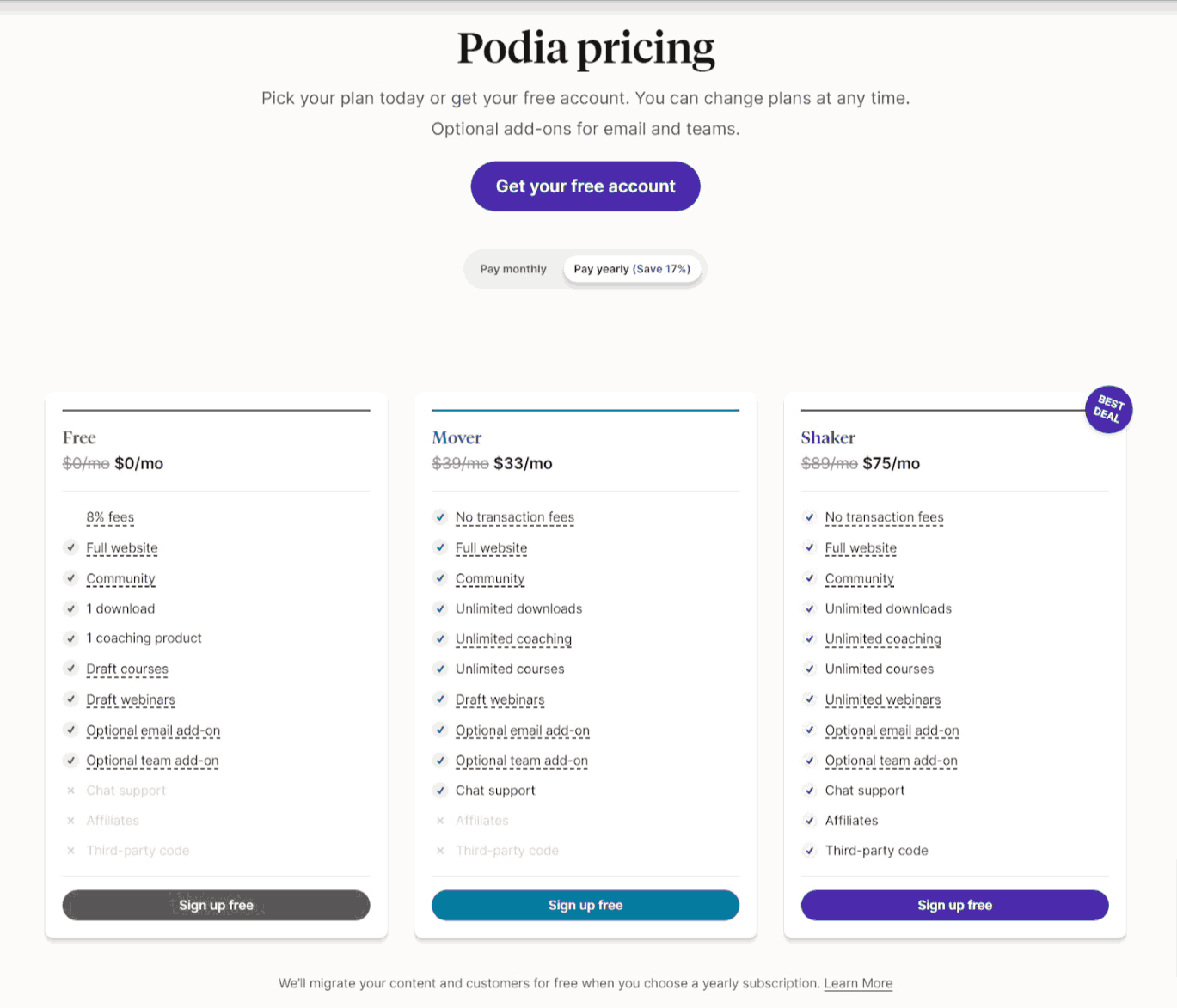 Podia new pricing