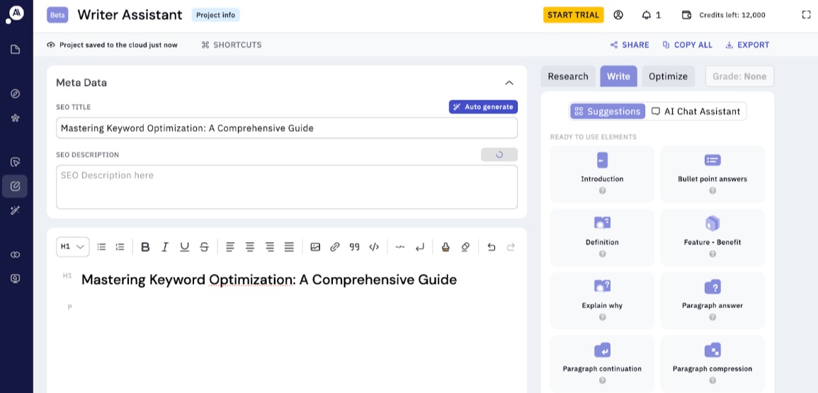 dashboard for the writing assistant 