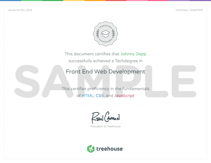 Treehouse sample certificate