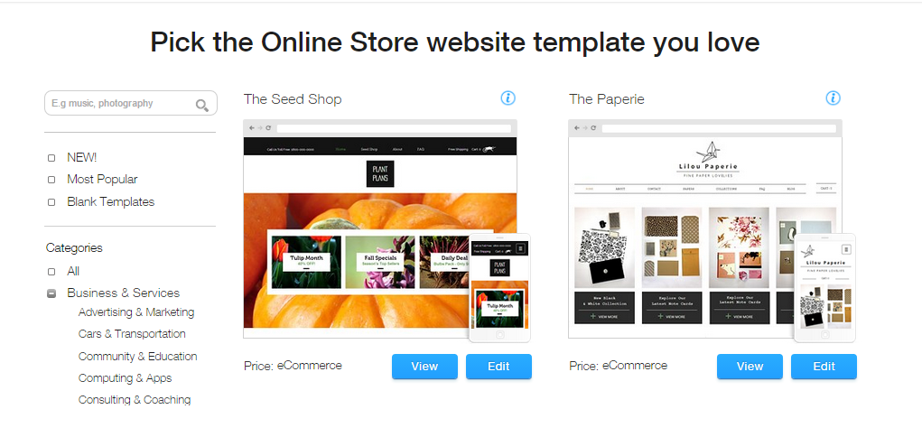 Choose Template on Wix Website Builder- wix vs simvoly