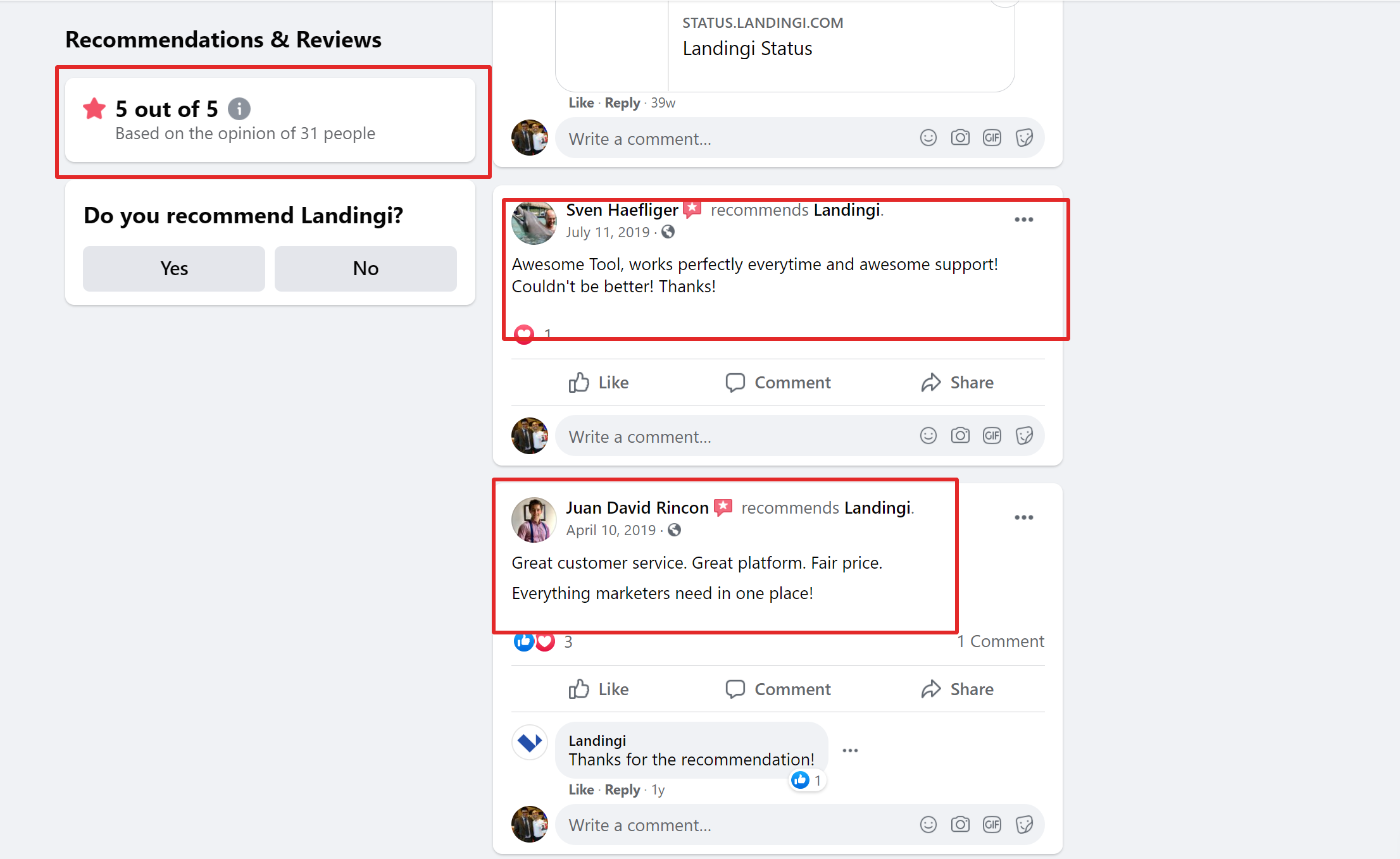 landingi testimonials social media