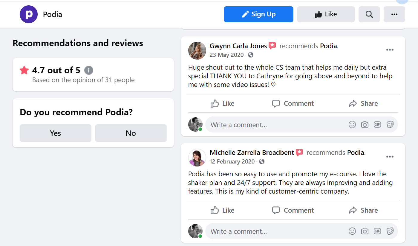Podia Facebook Reviews