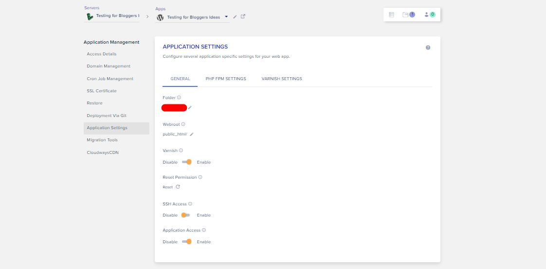 Cloudways Review- Application Settings