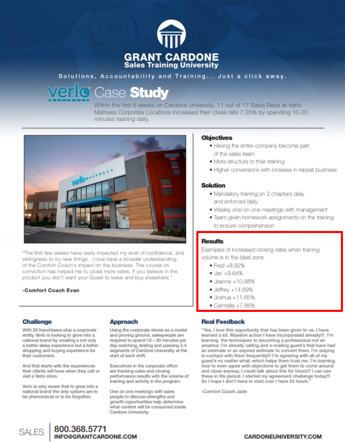Grant Cardone University Review- Furniture Case Study Verlo Mattress Case Study pdf