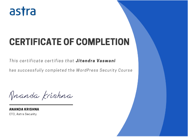 Astra WordPress Security Course- Completion Certificate