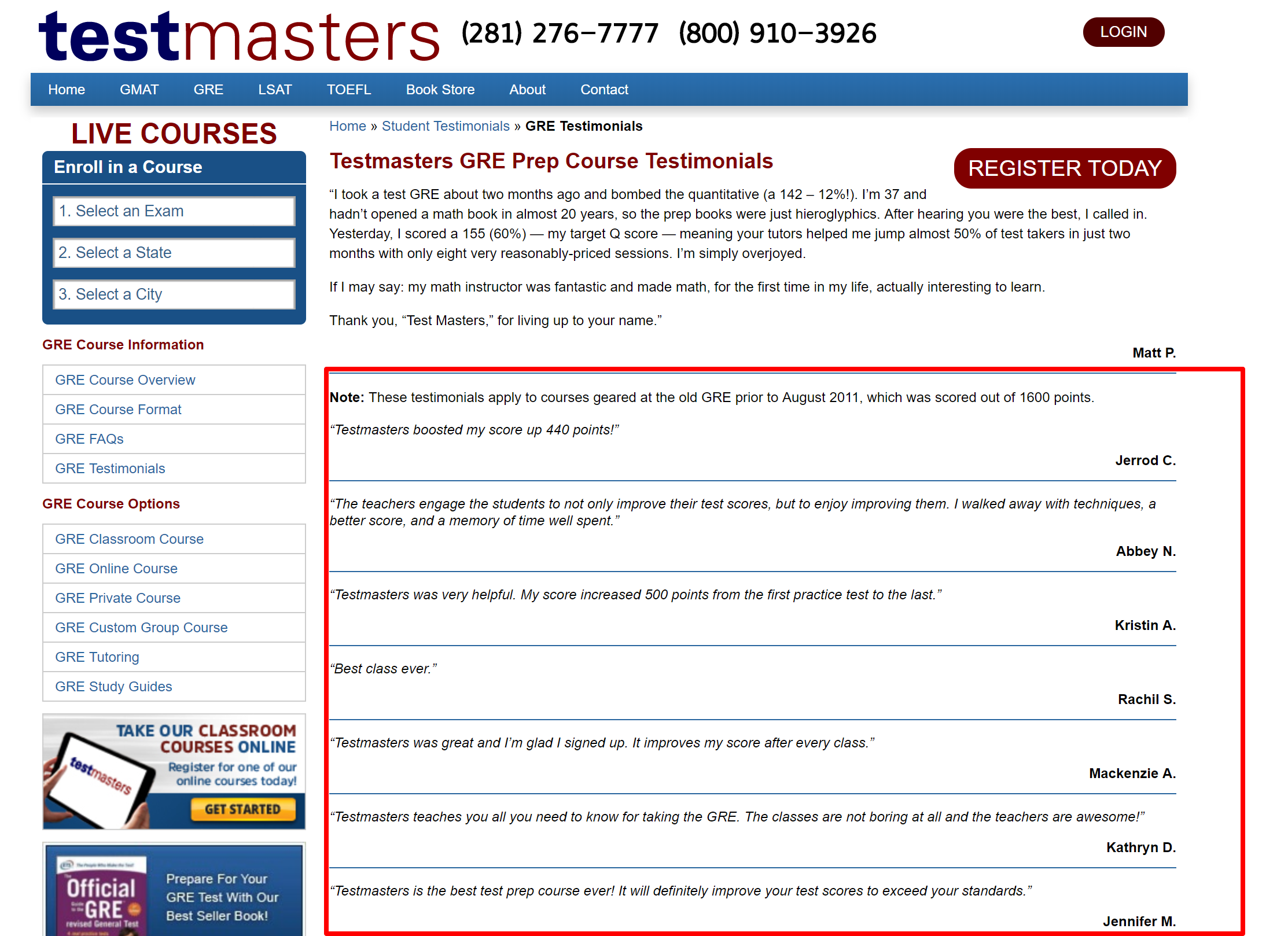 TestMasters GRE Prep courses