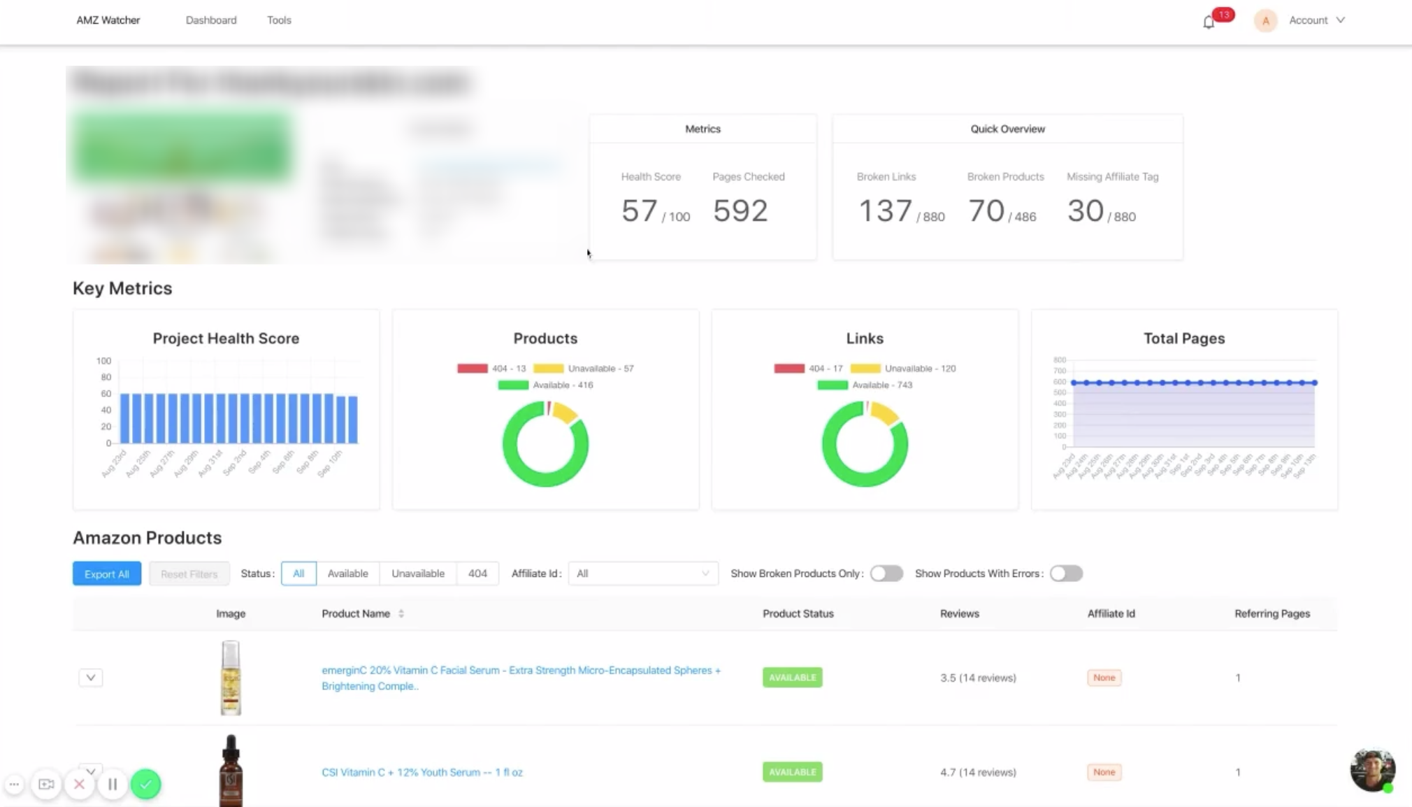 Dashboard and Metrics- AMZ Watcher