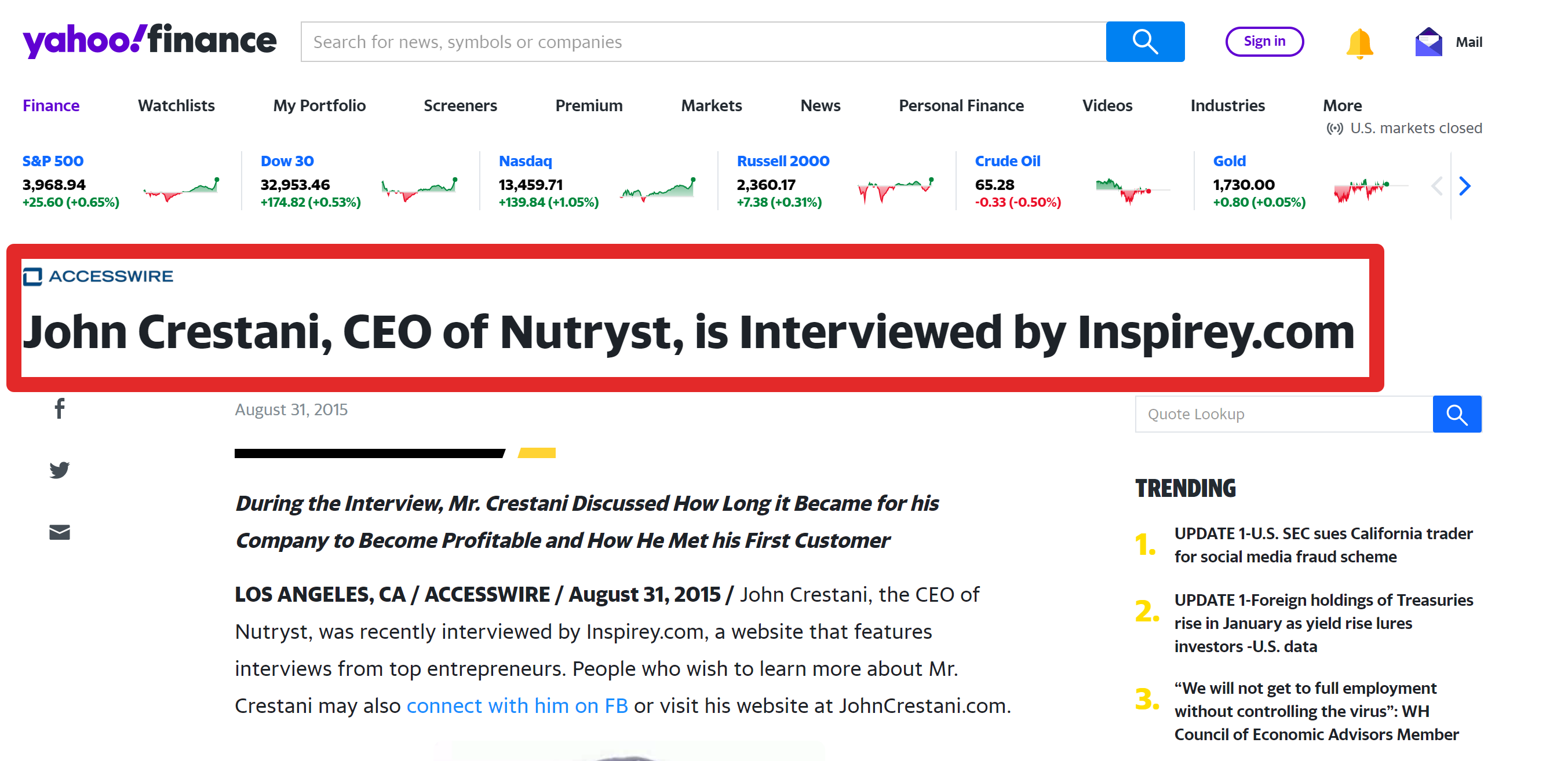 John Crestani CEO of Nutryst