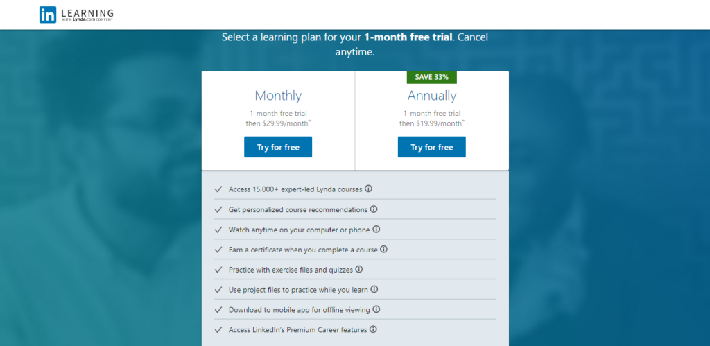 Lynda Pricing plan