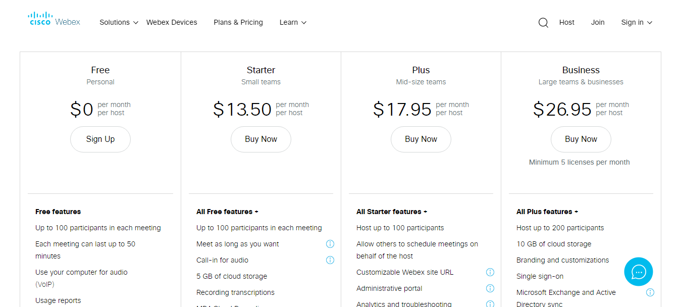 WebEx Pricing Plans