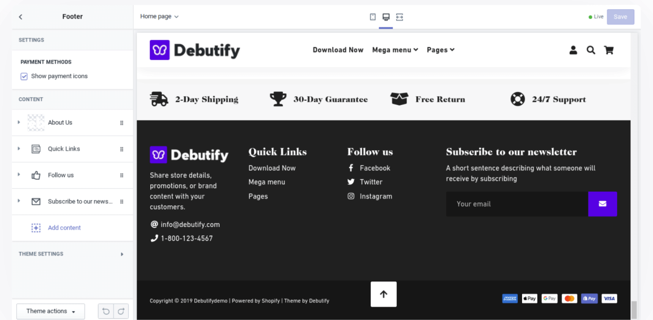 Debutify Customize footer