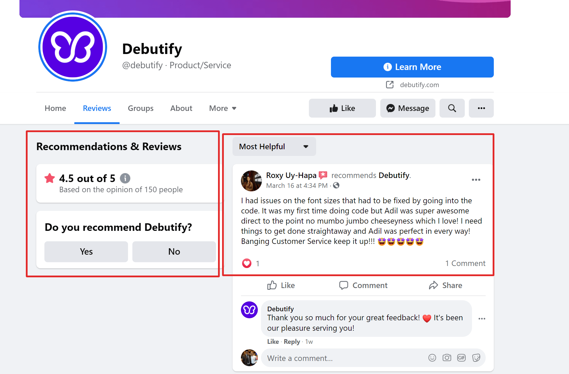 Debutify Theme Shopify Facebook page