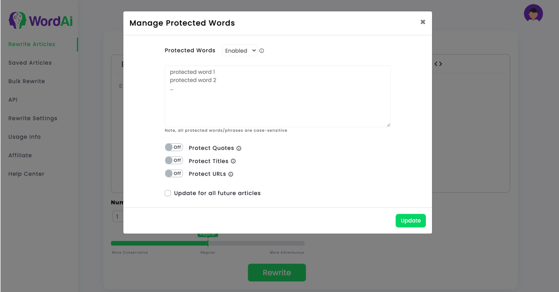 Protected Words & Custom Synonyms in WordAi