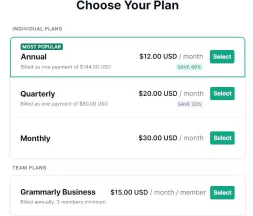 Grammarly Pricing choose your plan