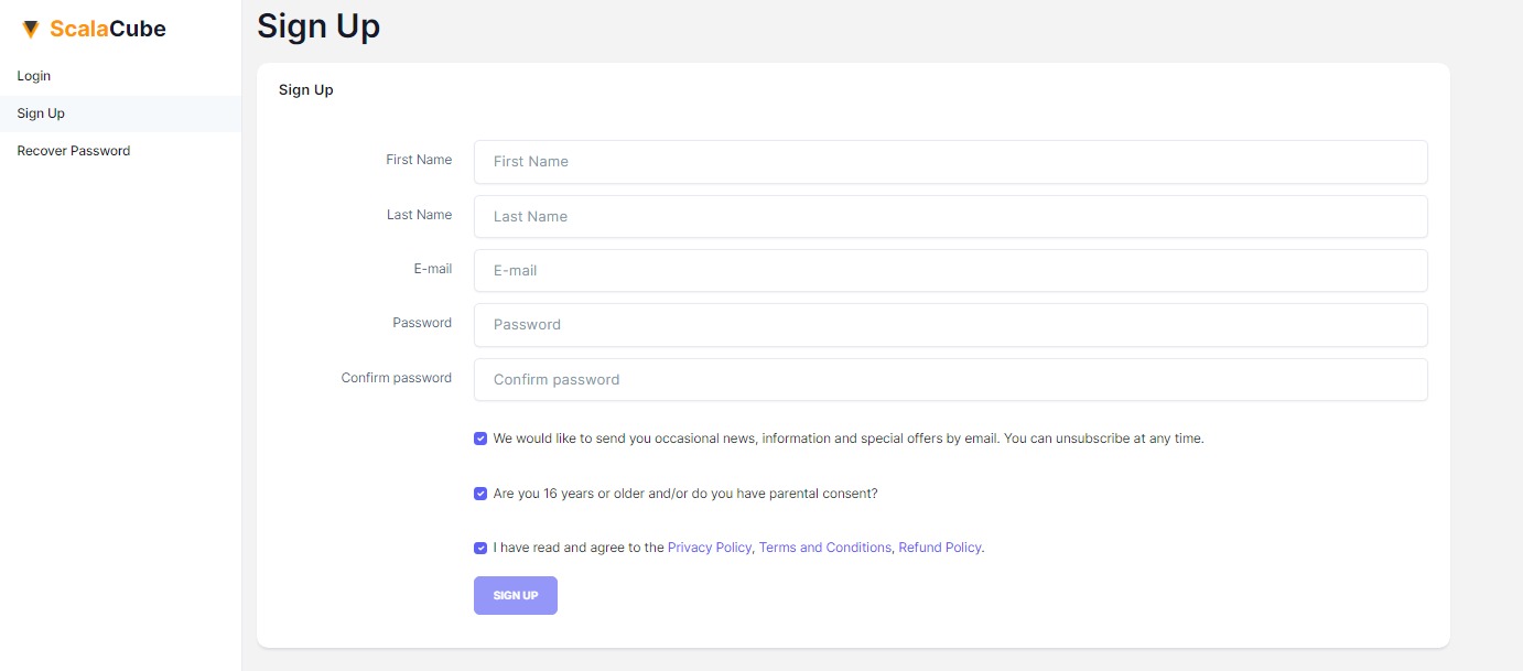 ScalaCube sign up process