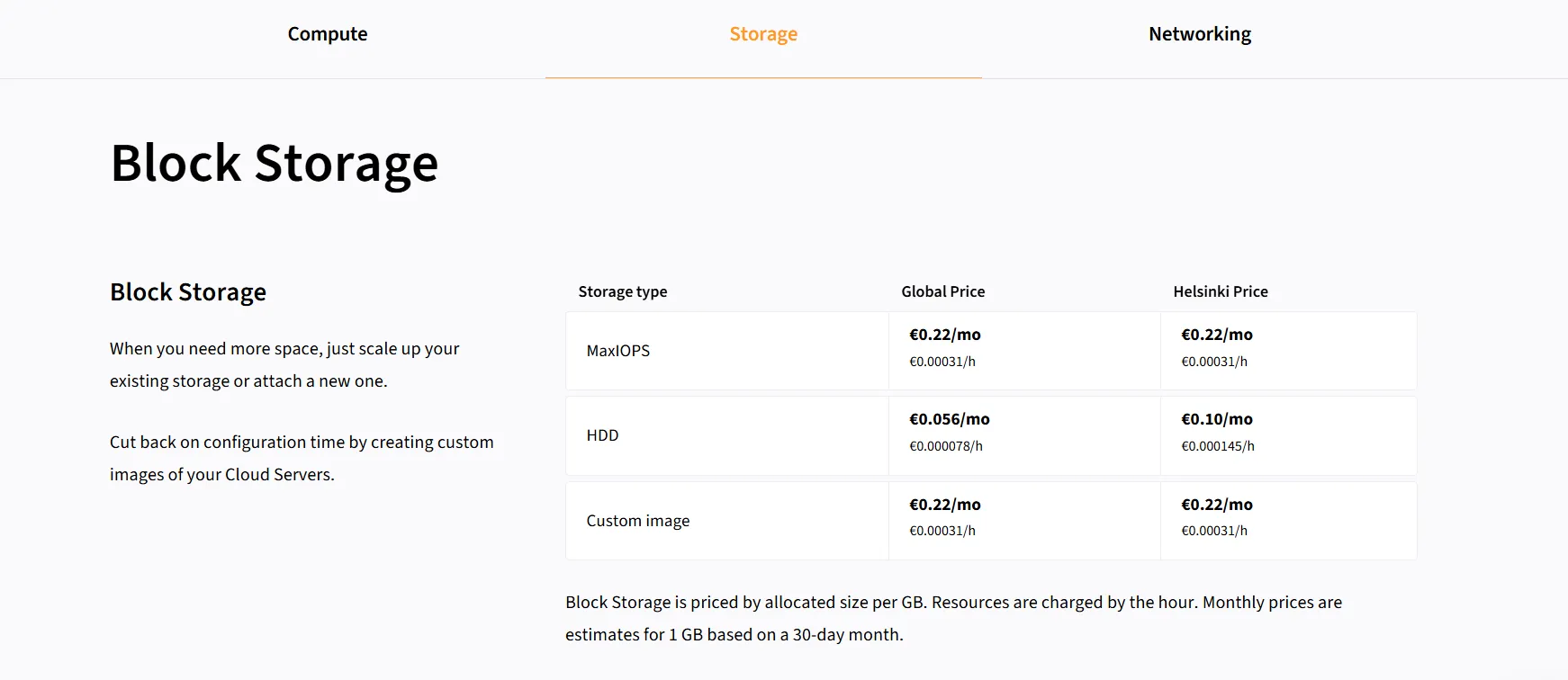 UpCloud Storage Pricing plan
