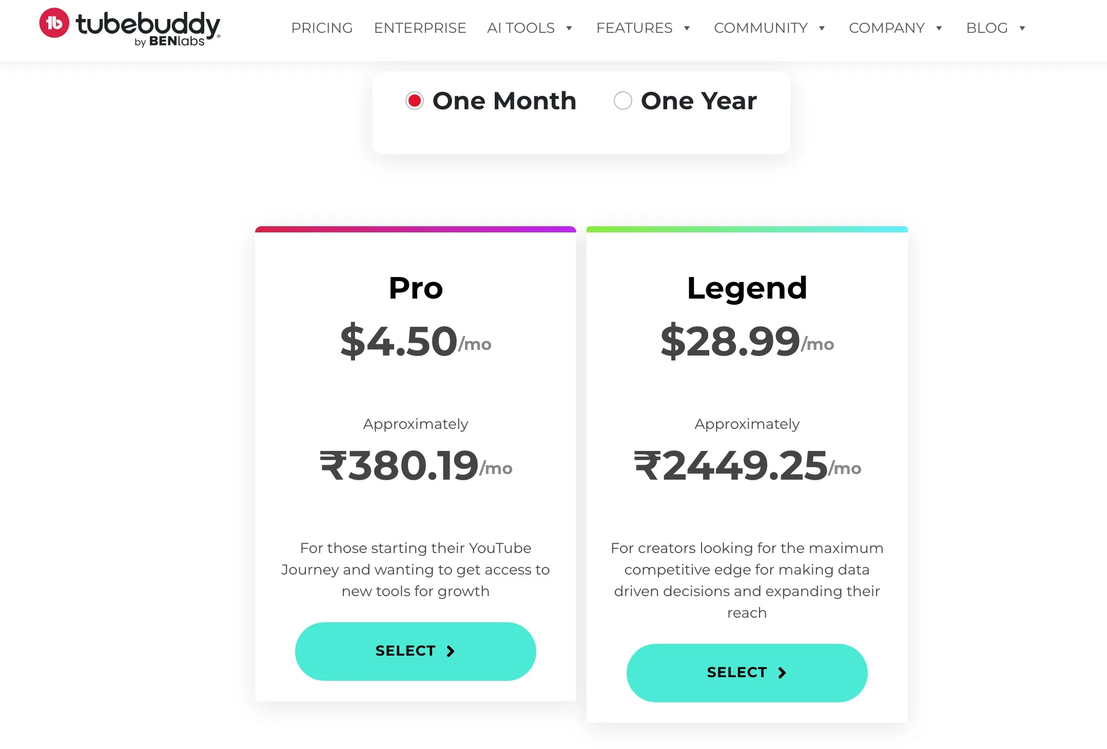 TubeBuddy Pricing Plans - One Months