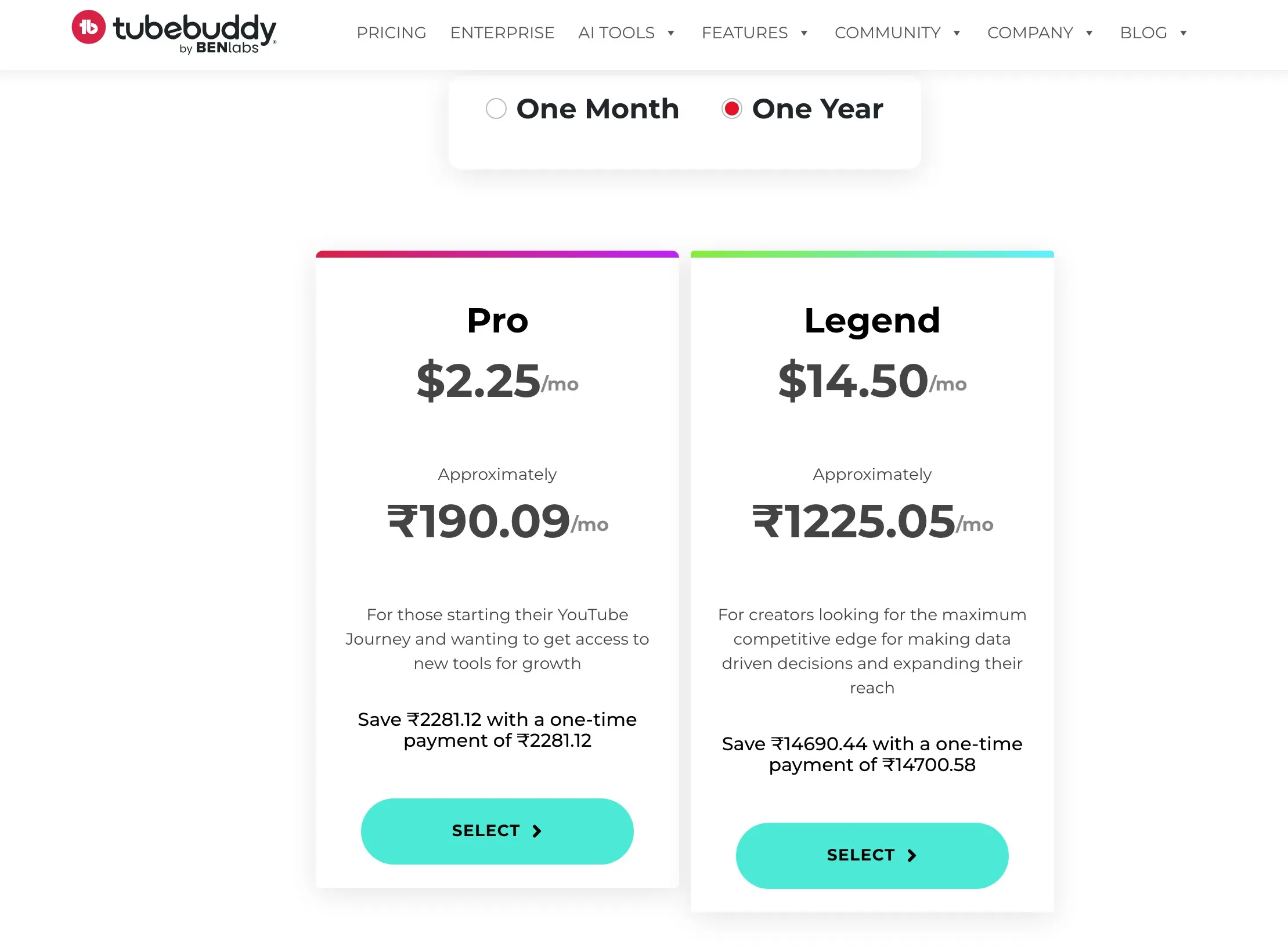 TubeBuddy Pricing Plans - One Year